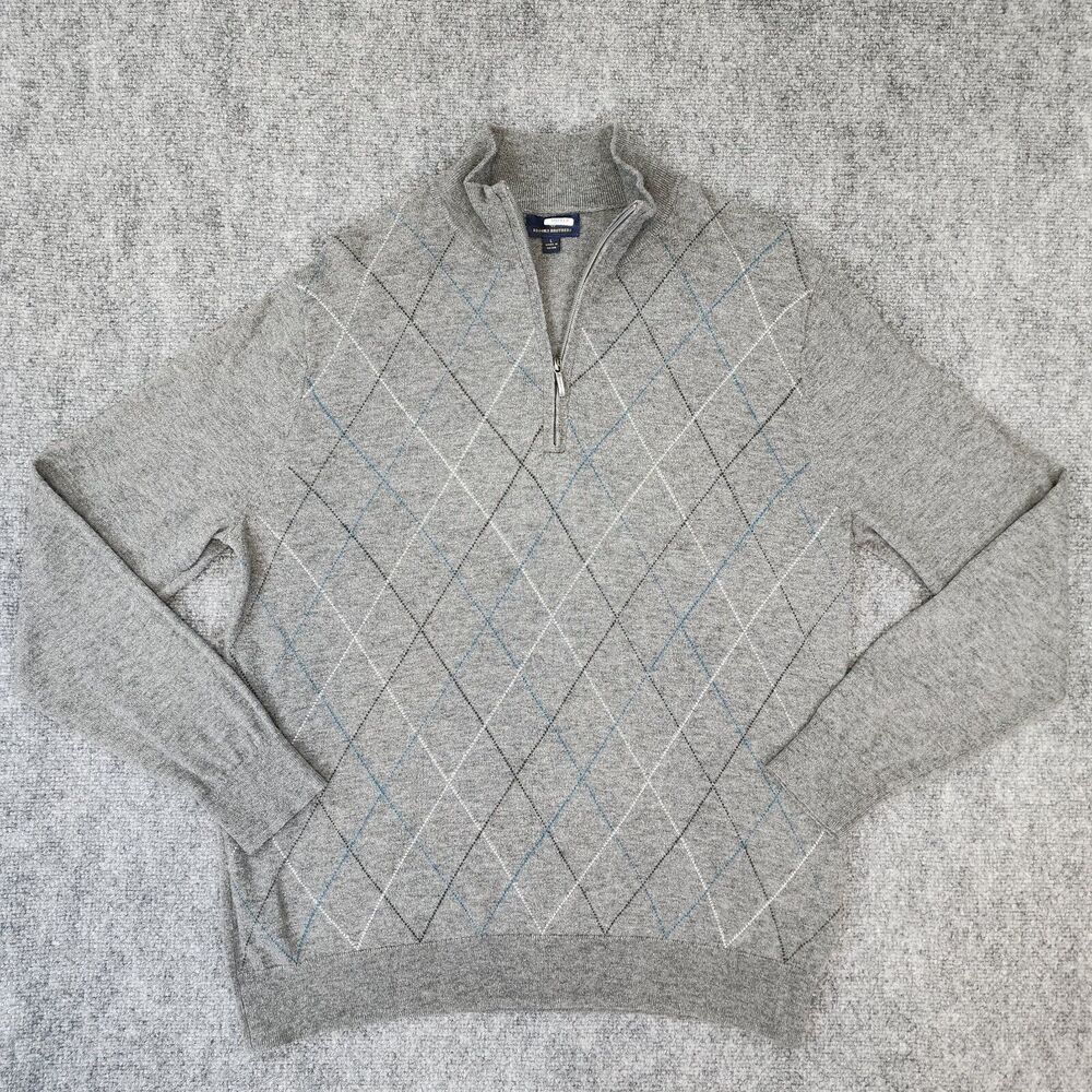 Brooks Brothers Sweater Mens Large Gray Argyle Wool Blend 1/4 Zip Pullover Prep